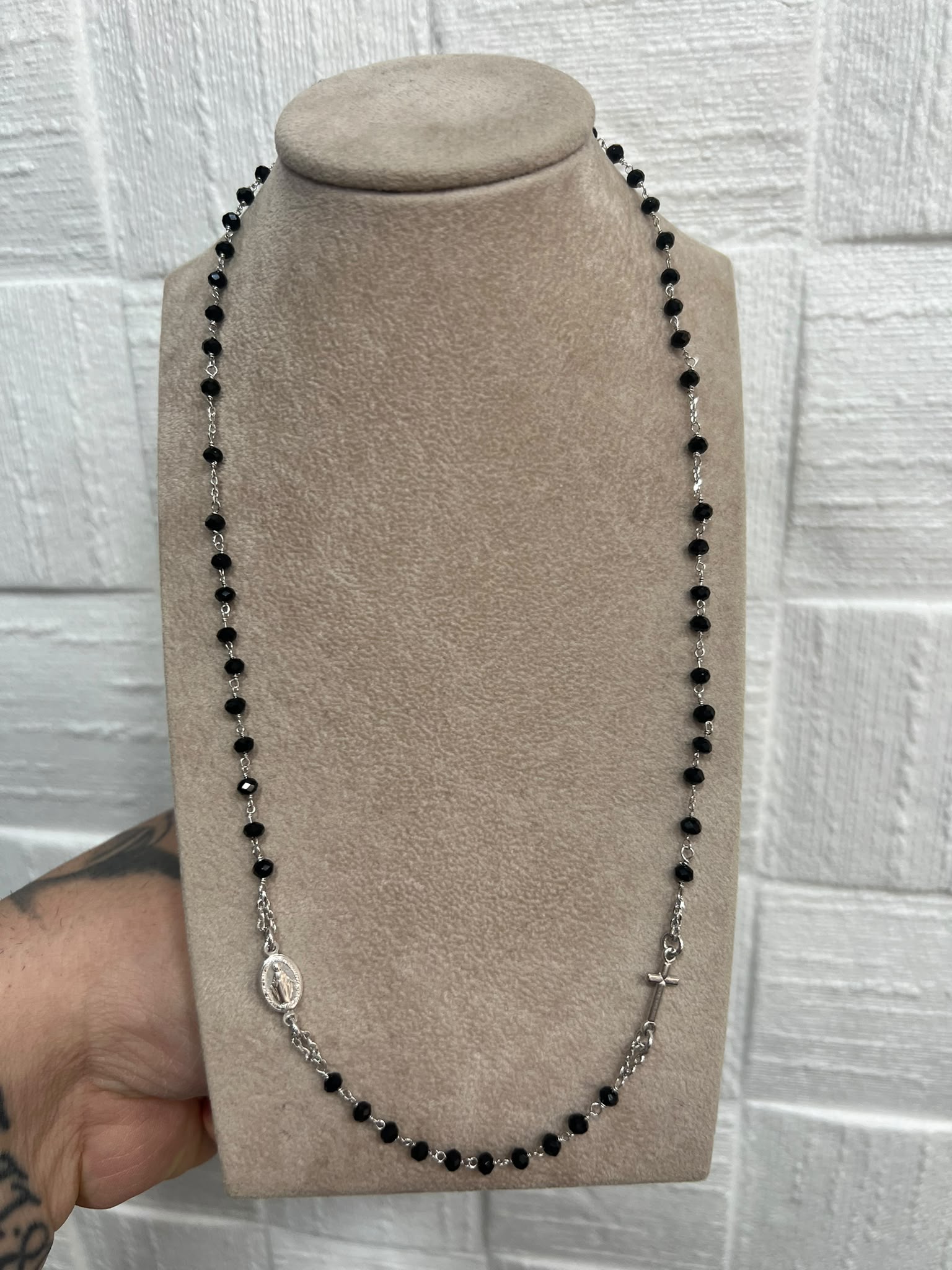 Collana Rosario Argento 925 con Pietre Nere Sfaccettate – Eleganza Sacra