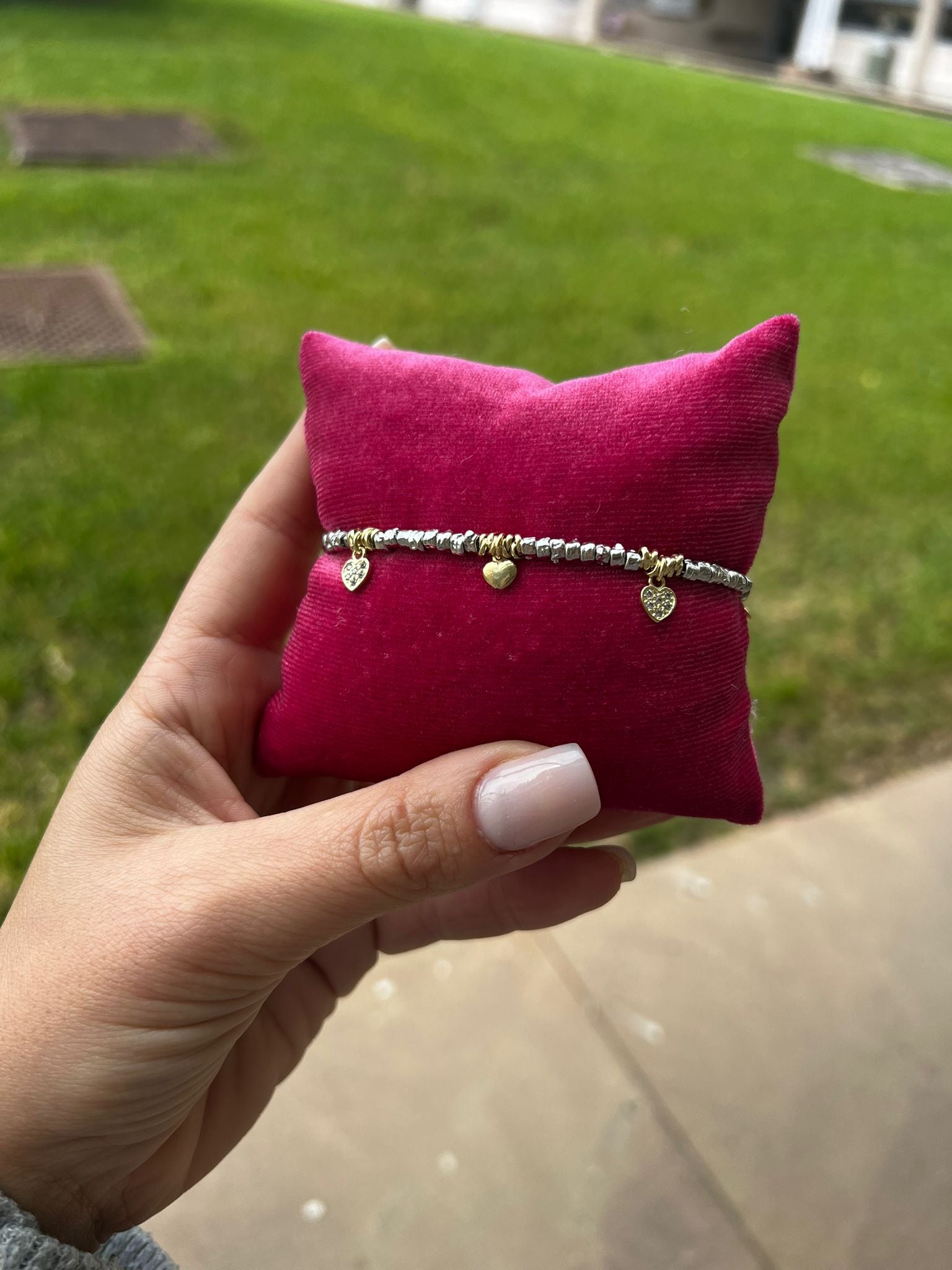 Bracciale in Argento 925 Pepite con Cuori Dorati – Cuori Lisci e Zirconiati