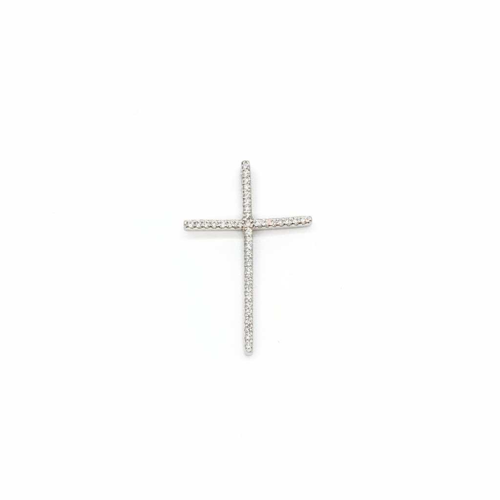 Ciondolo Croce Grande a Fiori con Zirconi Bianchi in Argento 925 | Gioiello Elegante