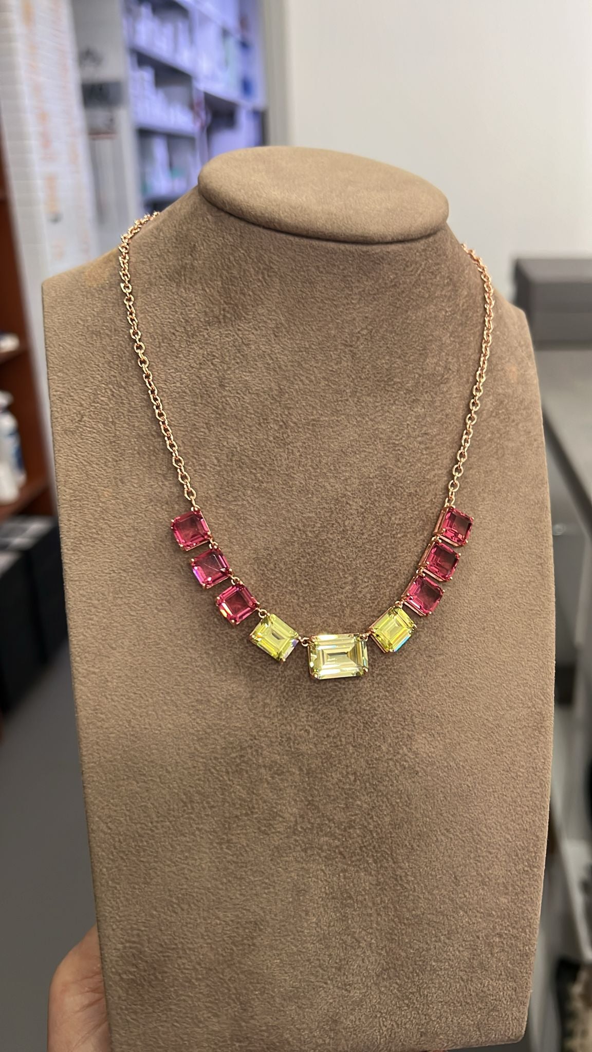 Collana Argento 925 Oro Rosa con Pietre Fuxia e Gialle