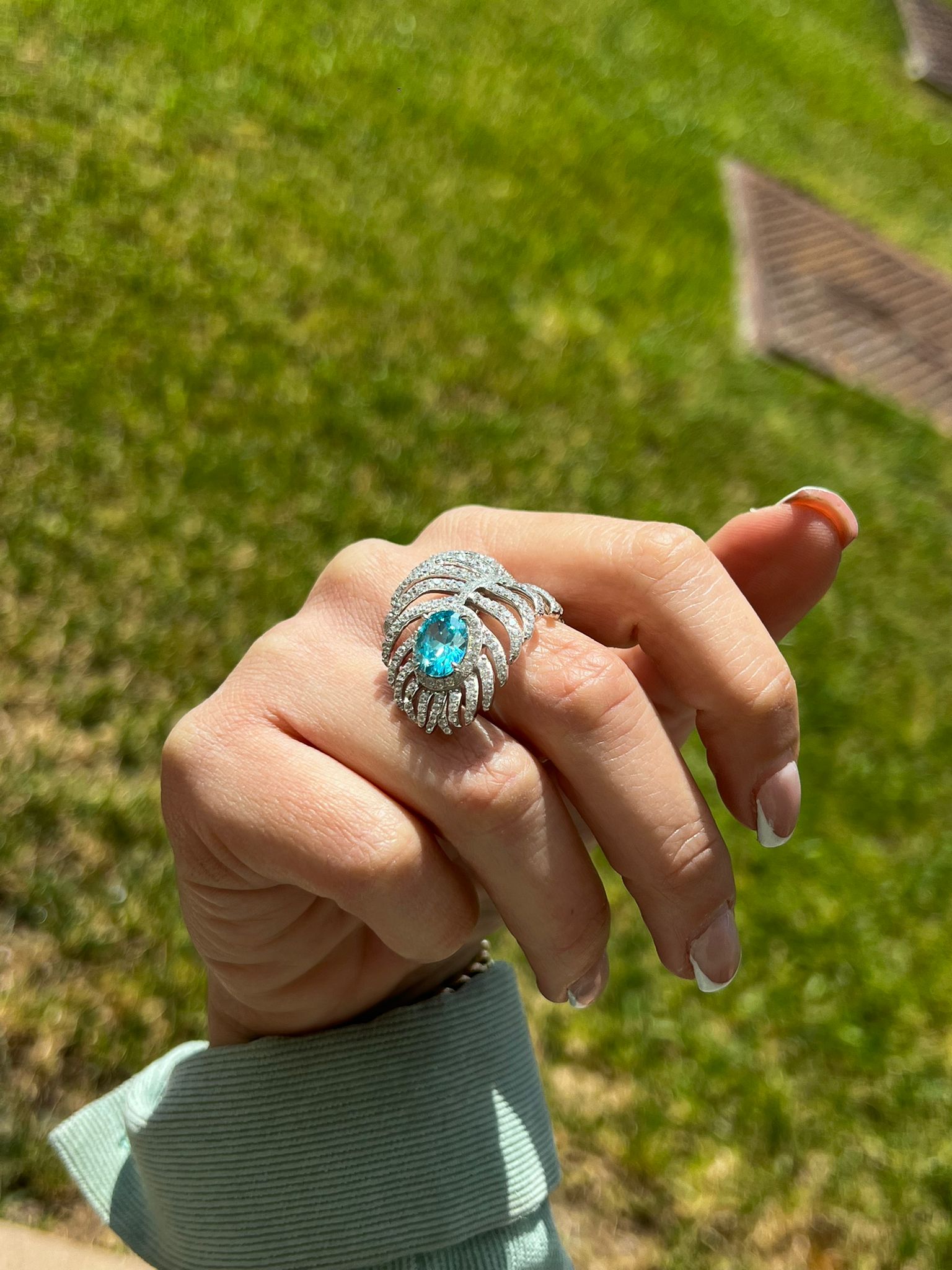 Anello Foglia in Argento 925 con Zirconi Bianchi e Pietra Acquamarina – Misura 16