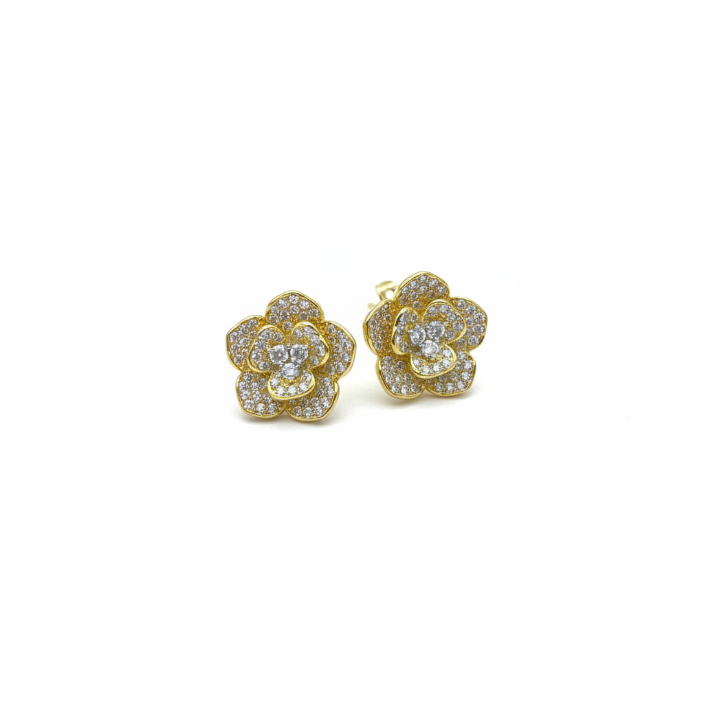 Orecchini Fiore Argento 925 Bagnati nell'Oro con Pietre Bianche | Eleganza Floreale