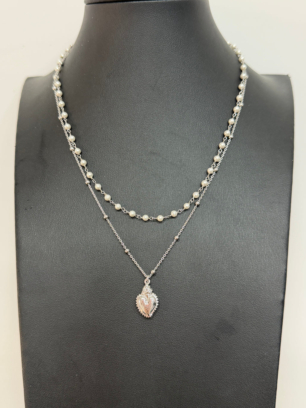 Collana Doppia in Argento 925 con Perle e Sacro Cuore