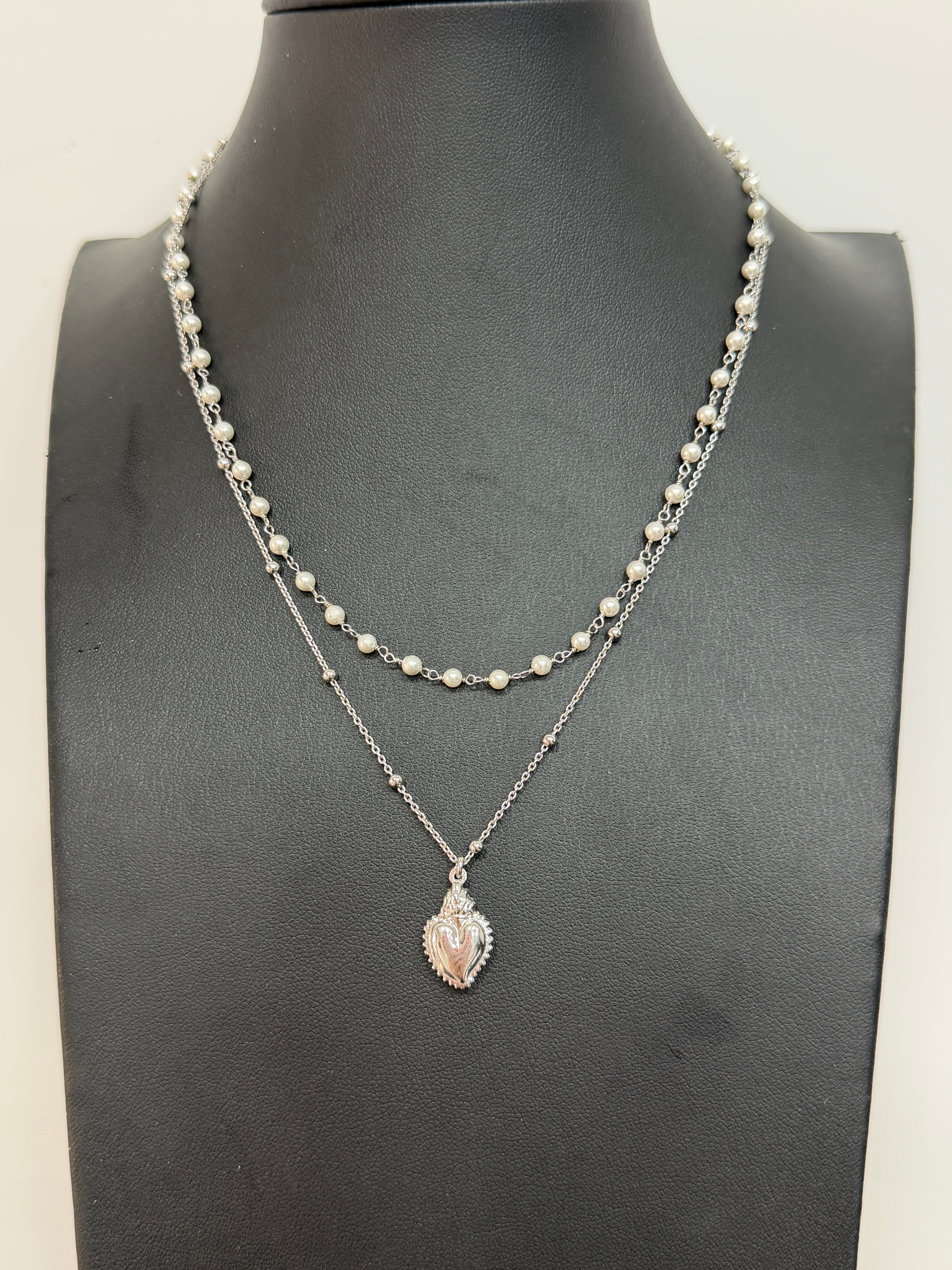 Collana Doppia in Argento 925 con Perle e Sacro Cuore