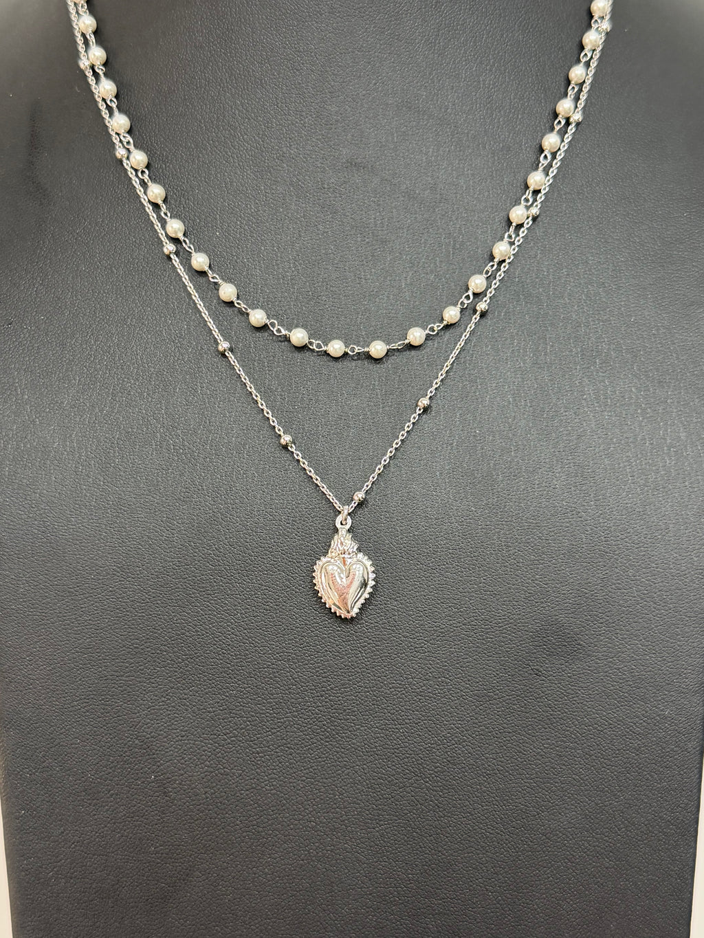 Collana Doppia in Argento 925 con Perle e Sacro Cuore
