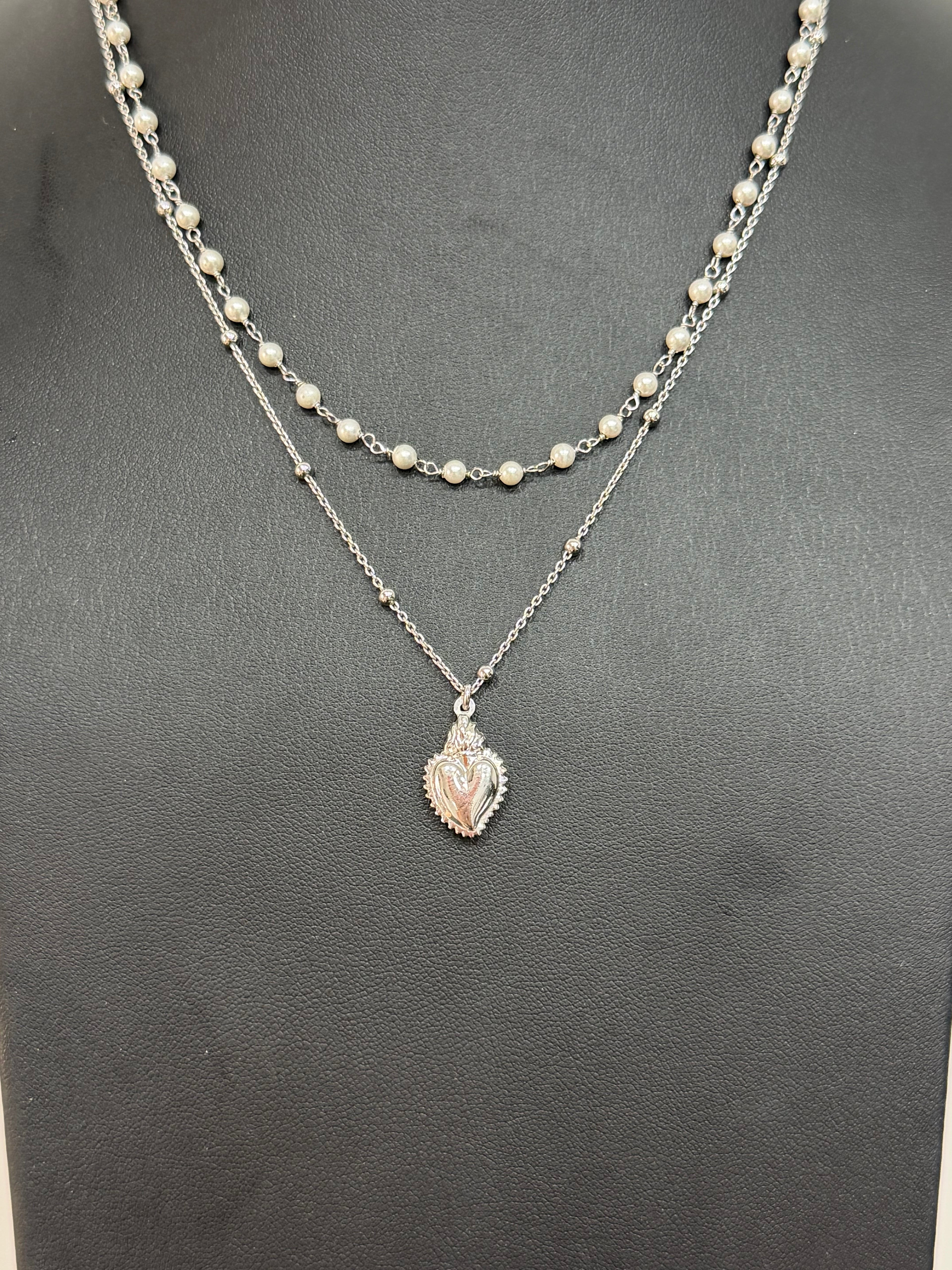 Collana Doppia in Argento 925 con Perle e Sacro Cuore