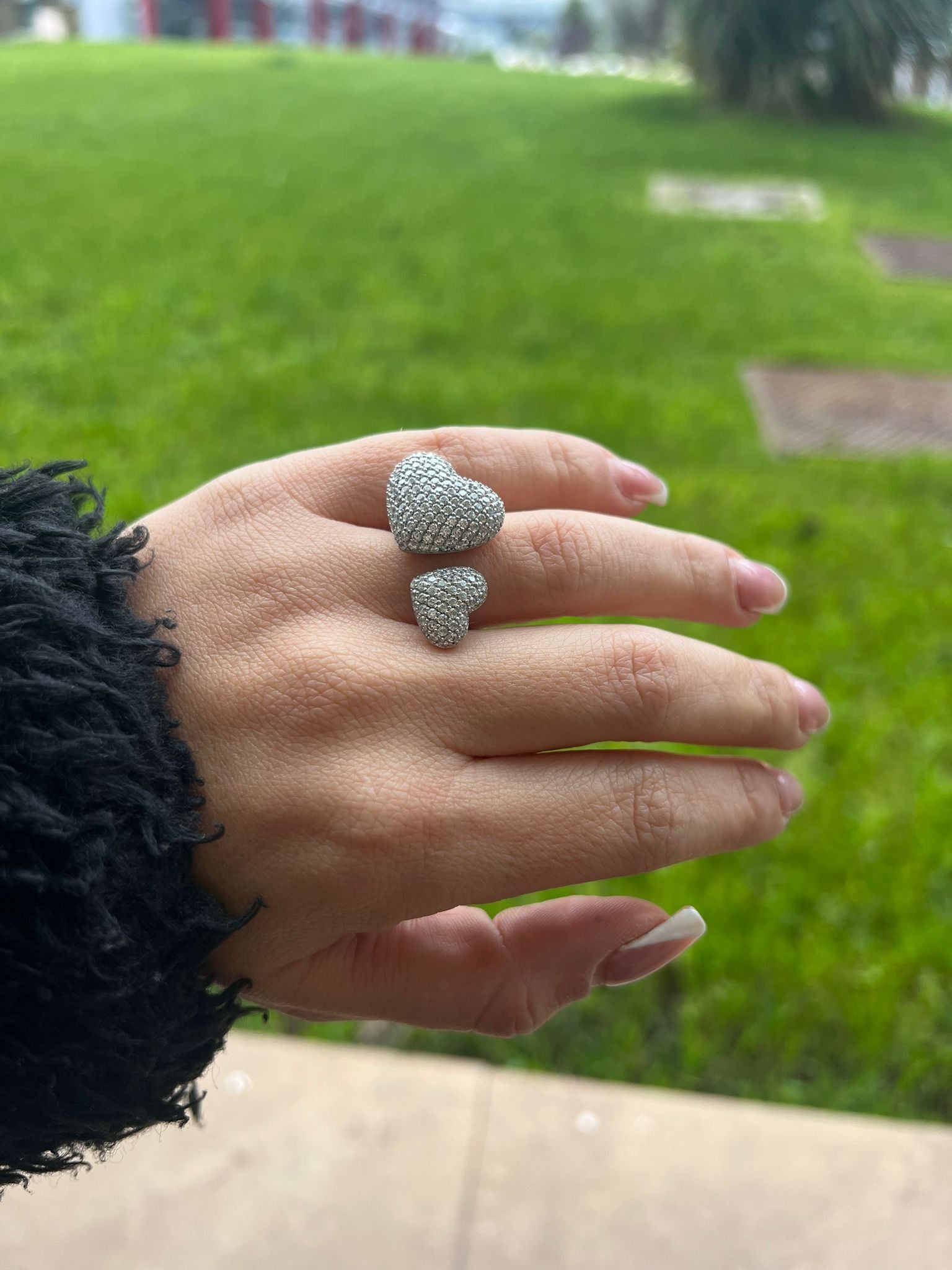Anello Due Cuori Zirconi Bianchi Argento 925 – Romantico e Regolabile