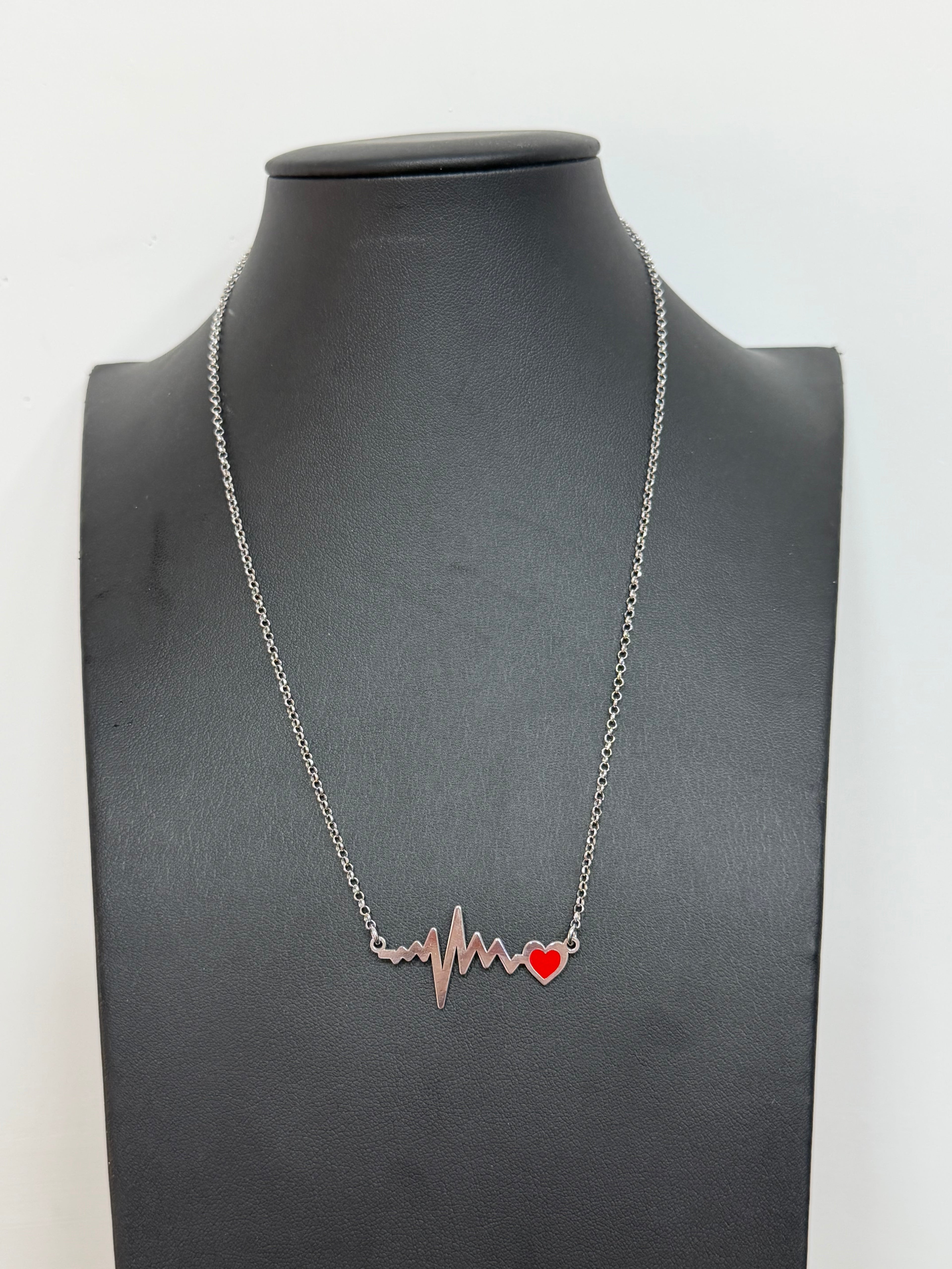 Collana Battito Cardiaco con Cuore Smaltato Rosso in Argento 925
