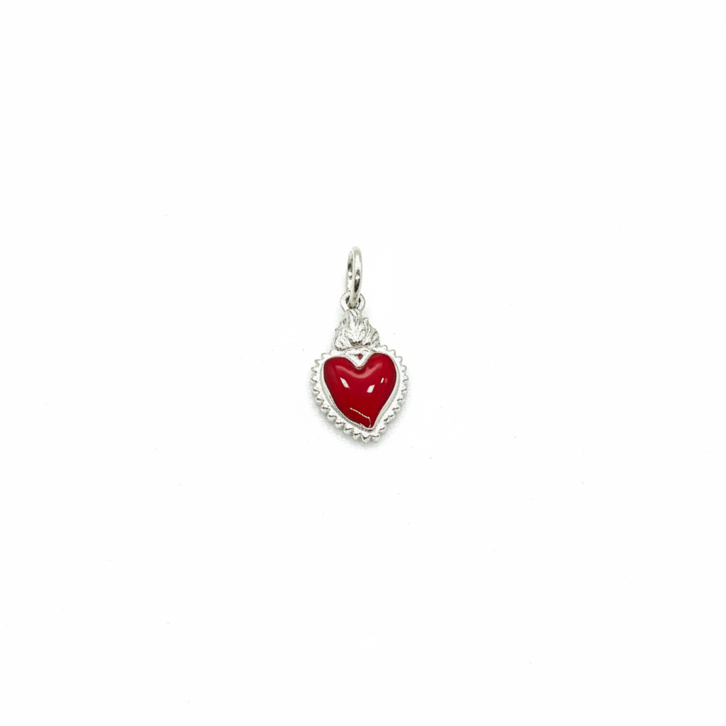 Ciondolo Sacro Cuore in Argento 925 Smaltato Rosso | Gioiello Religioso