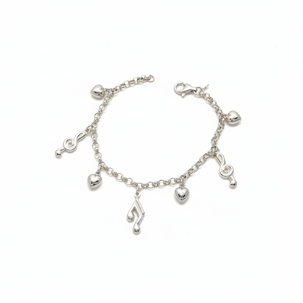 Bracciale Argento 925 con Cuore e Note Musicali Bombate – Per Chi Ama la Musica