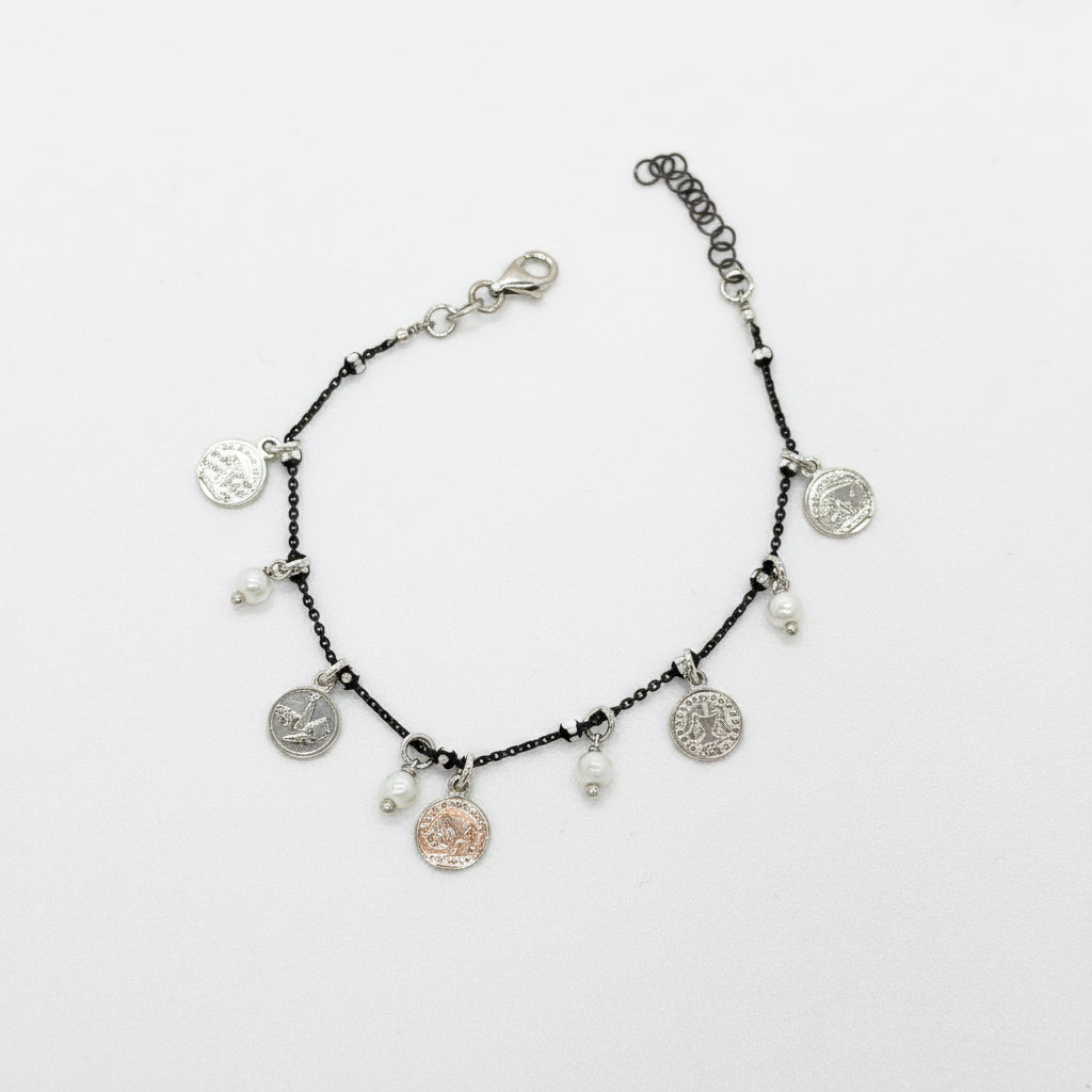 Bracciale Argento 925 Brunito con Monete e Perle Pendenti