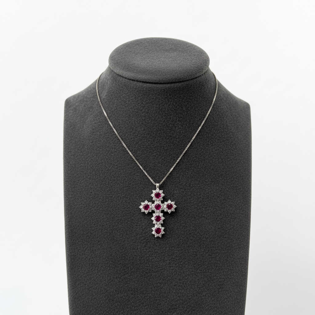 Collana Croce Argento 925 con Pietre Rosse e Zirconi – Stile & Fede