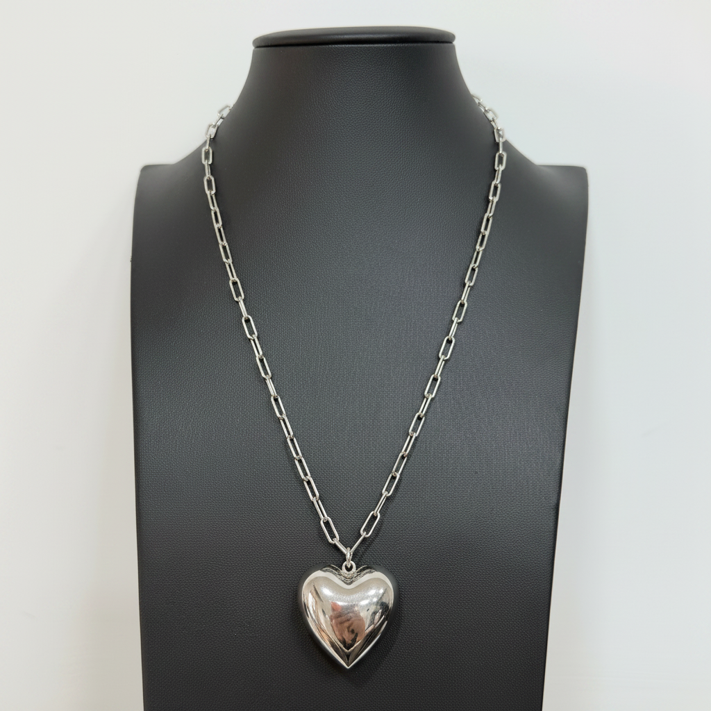 Collana Cuore Liscio Bombato in Argento 925 – Catena Lunga