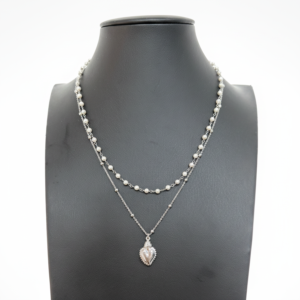 Collana Doppia in Argento 925 con Perle e Sacro Cuore