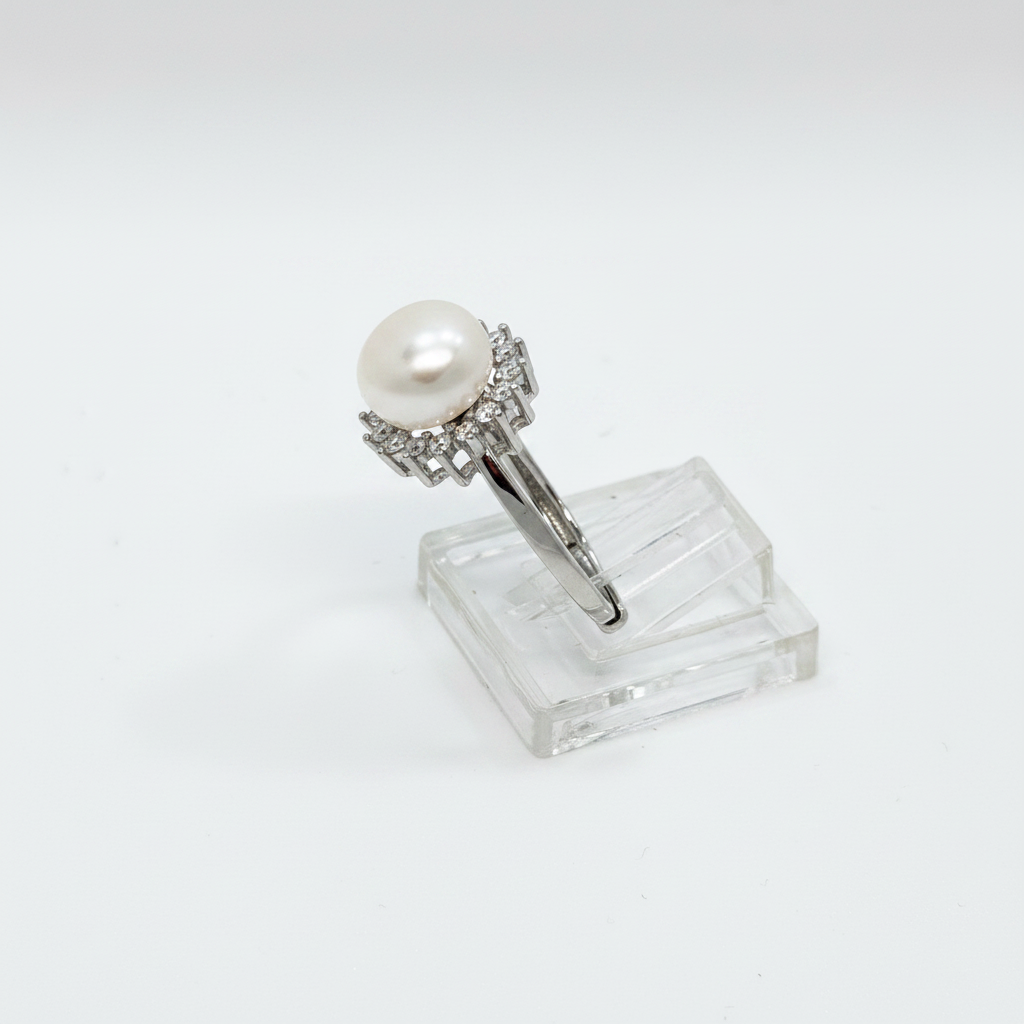 Anello Fiore Argento 925 con Perla e Zirconi Bianchi – Regolabile | AG silver