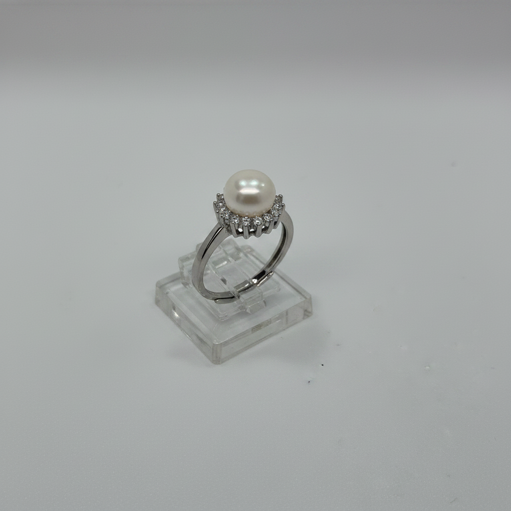 Anello Fiore Argento 925 con Perla e Zirconi Bianchi – Regolabile | AG silver