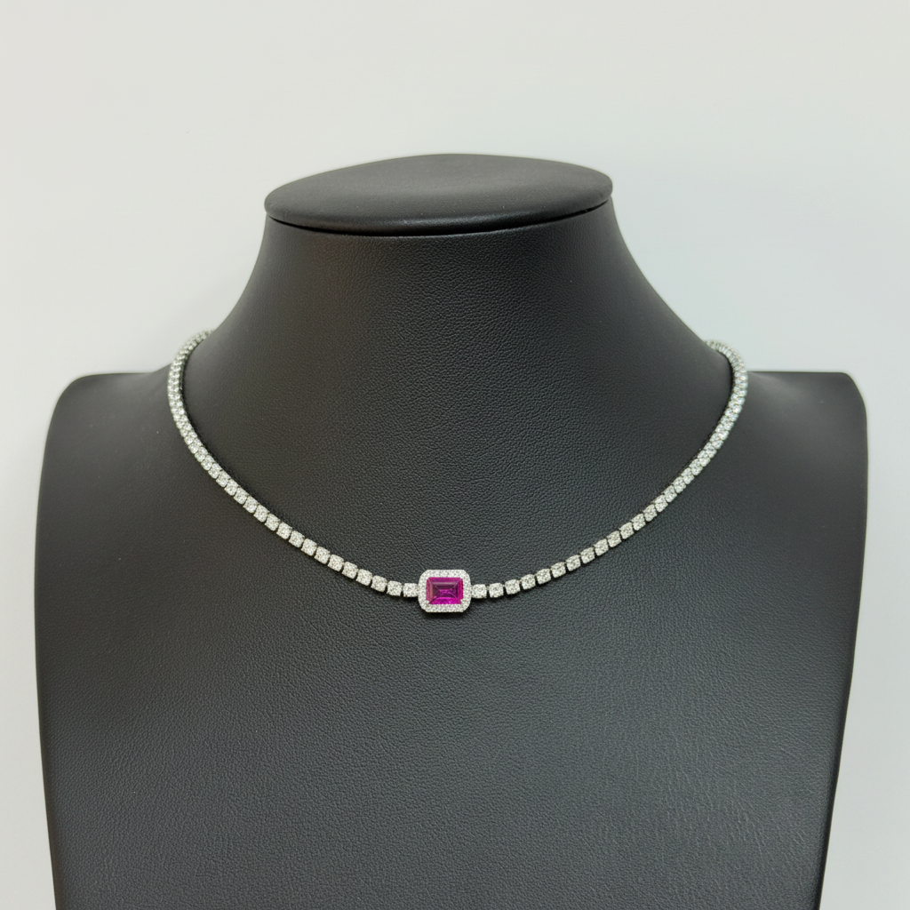 Collana Tennis Argento 925 con Pietra Quadrata Centrale – 5 Colori
