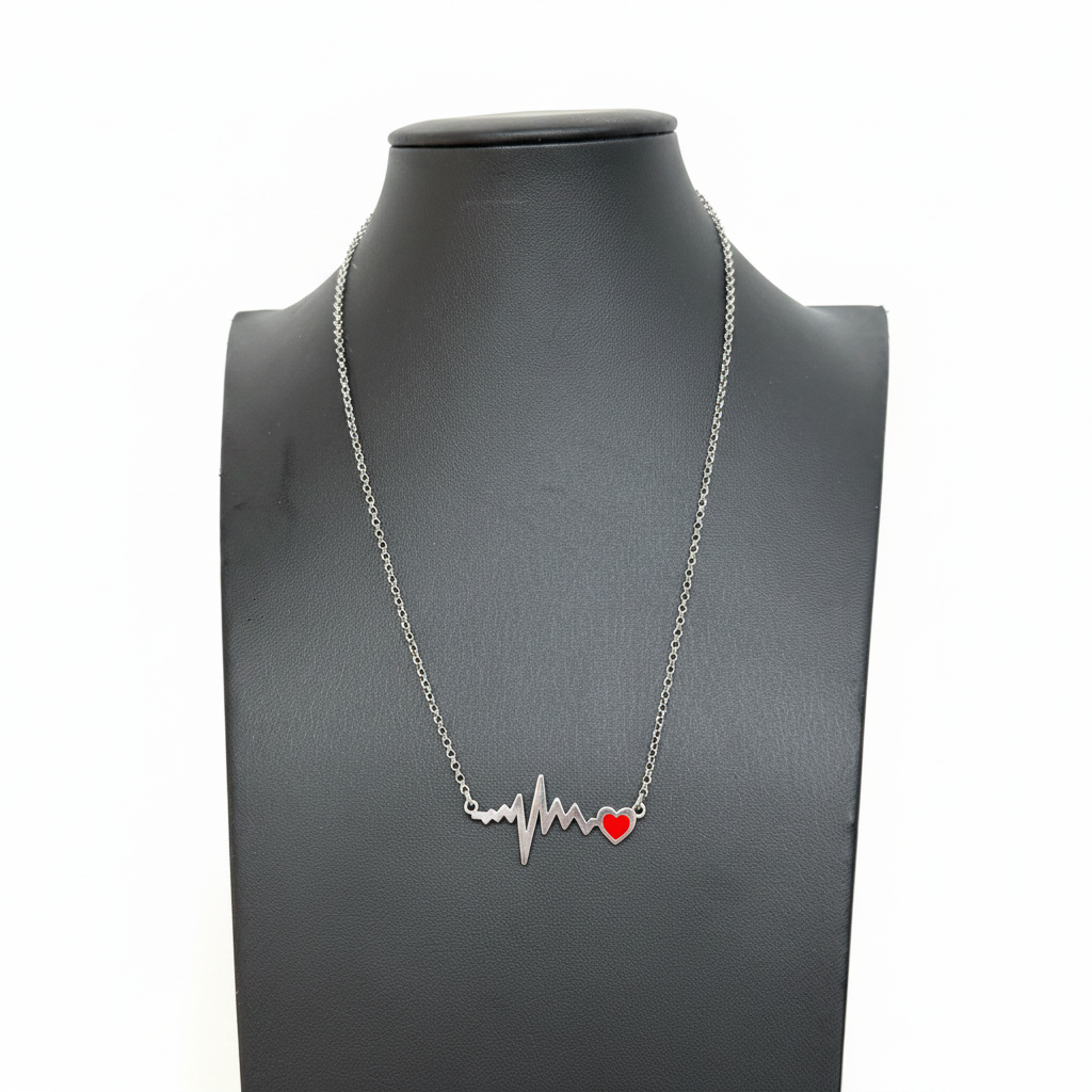 Collana Battito Cardiaco con Cuore Smaltato Rosso in Argento 925