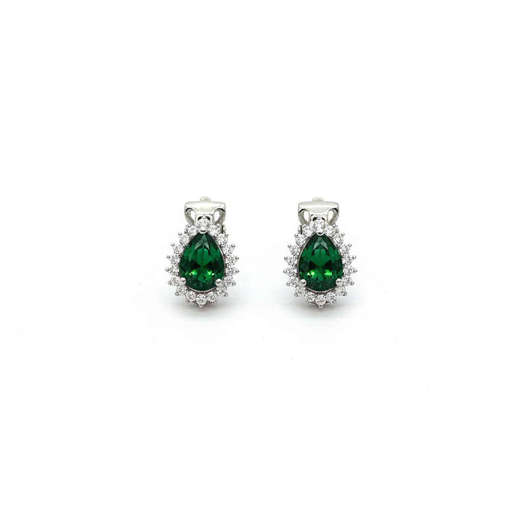 Orecchini a Clip Argento 925 con Pietra Verde e Cornice di Zirconi Bianchi