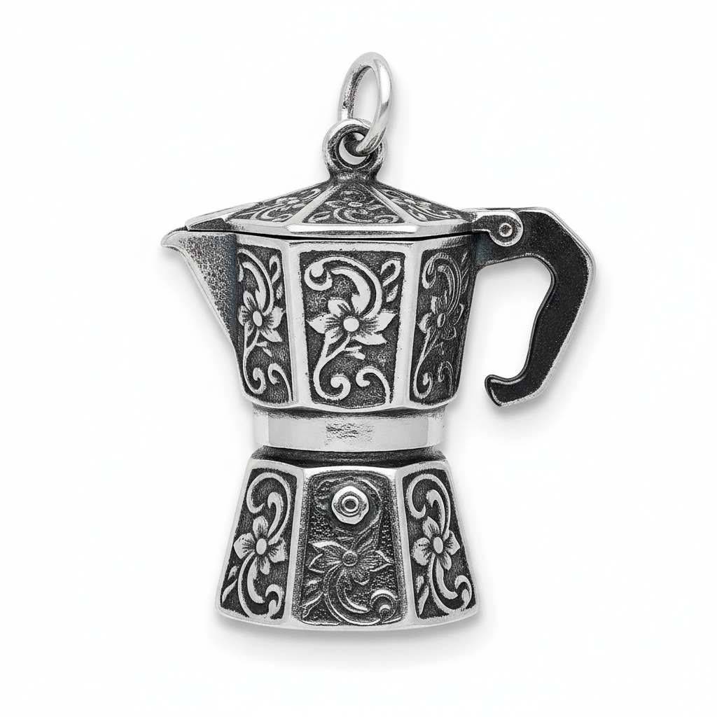 Ciondolo Caffettiera Moka in Argento 925 Brunito – Fatto a Mano